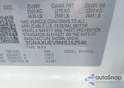 2021 Chevrolet Equinox Awd Lt from USA, damaged, VIN 3GNAXUEV9MS152540